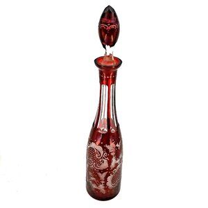 Czechoslovakia 15" Decanter hand blown Christmas Holiday Cranberry Red etched b